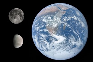 مقارنة حجم أوروبا (أسفل اليسار) مع القمر (أعلى اليسار) والأرض (يمين)